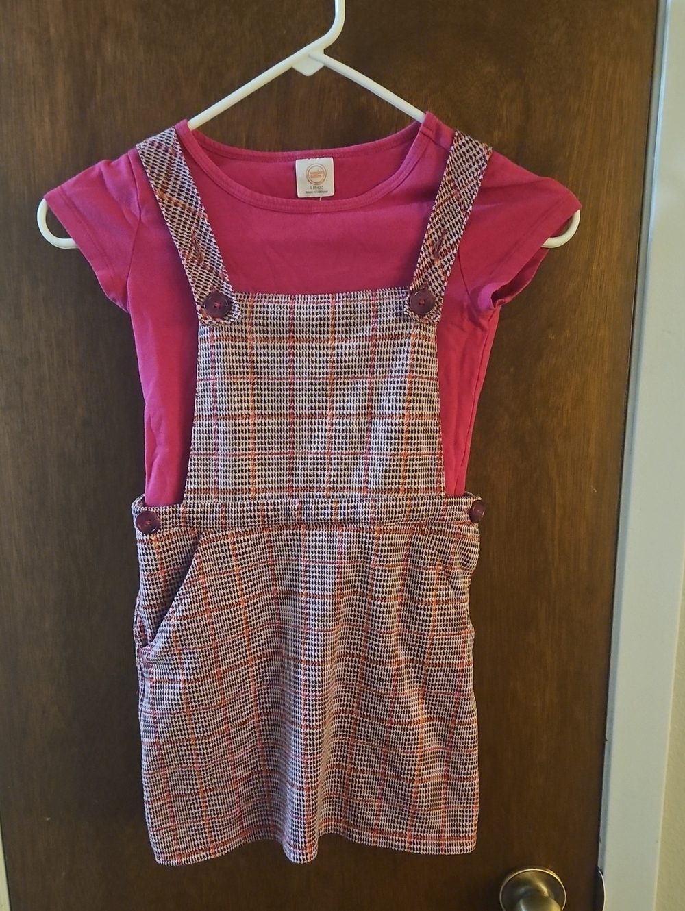 wonder nation Pink Plaid Overall Dress with Fuchsia Tee